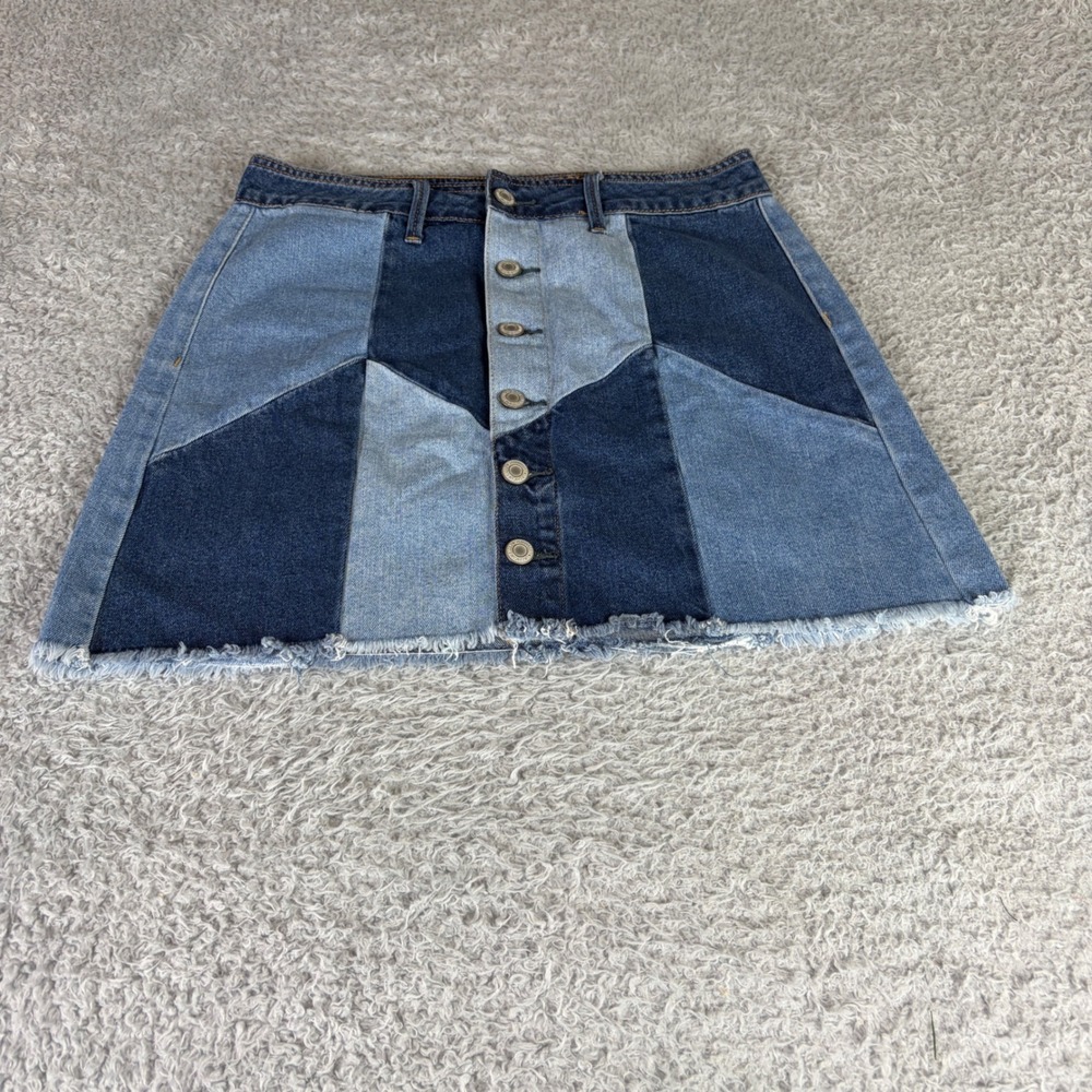 American Eagle Hi-Rise Festival Mini Skirt Denim Patchwork Button Front Size 6 L